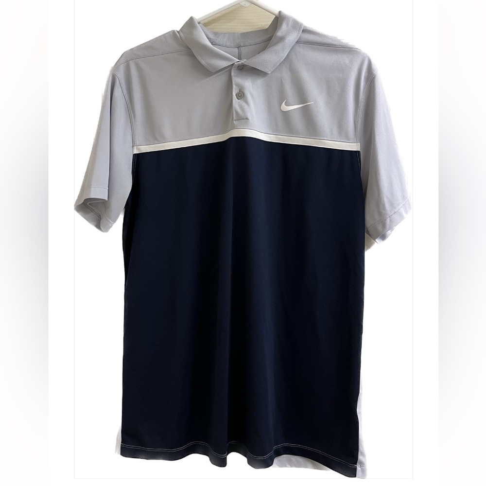 Nike navy blue stripe dri-fit golf polo PGA tour collar shirt